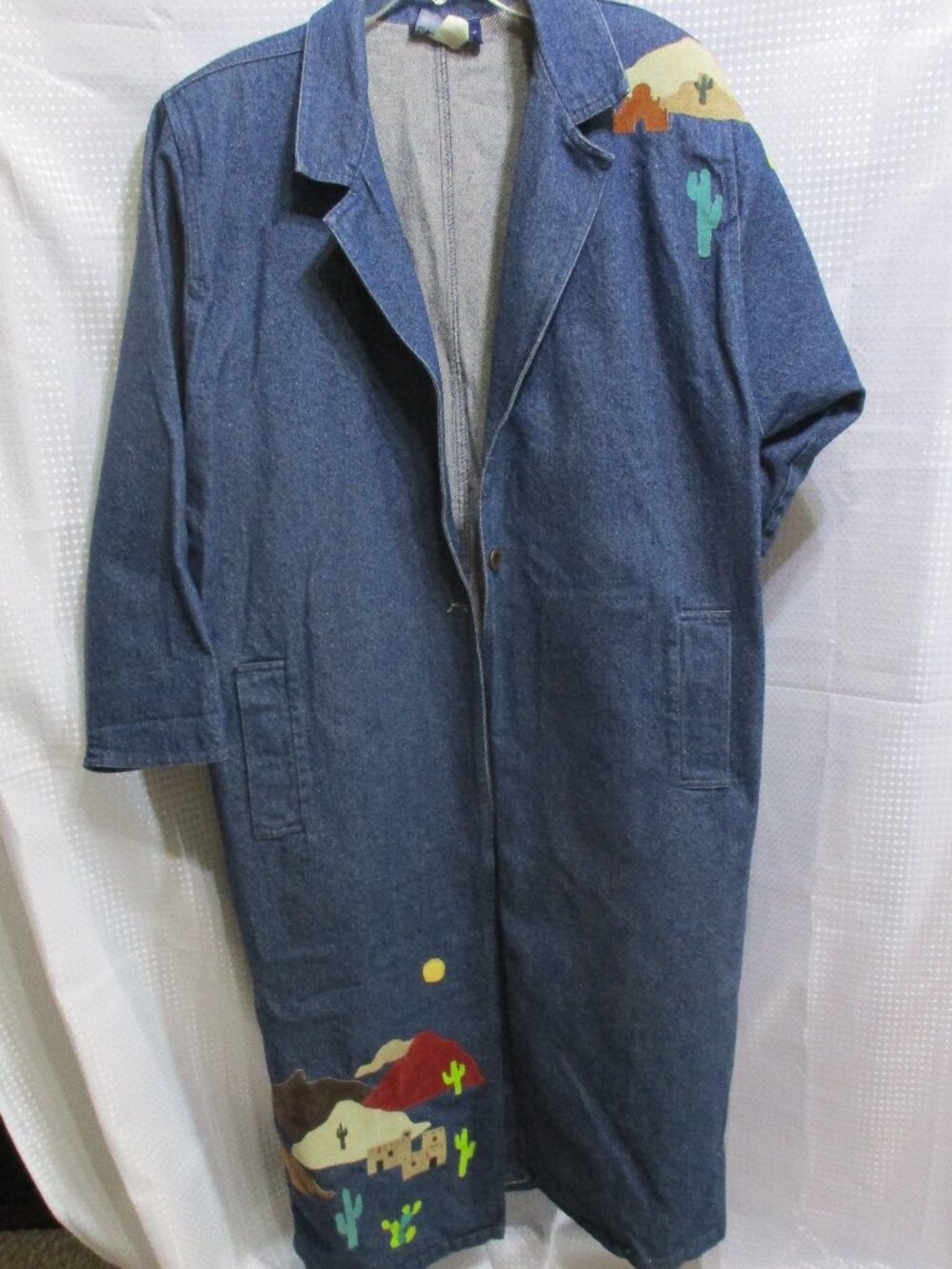 1980's On The Verge Denim Duster/Trench Coat w/Seude Southwest Appliques